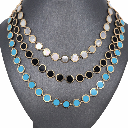 14K Solid Gold, Italian Gold. Gemstone Inlaid Malachite, Lapis, Mother Of Pearl, Black Onyx Circle Disc Chain Adjustable Necklace