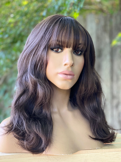 Human Hair Blend Wig Dark Brown Wig Color 2 14" Brown Wavy Hair With Bangs Full Cap