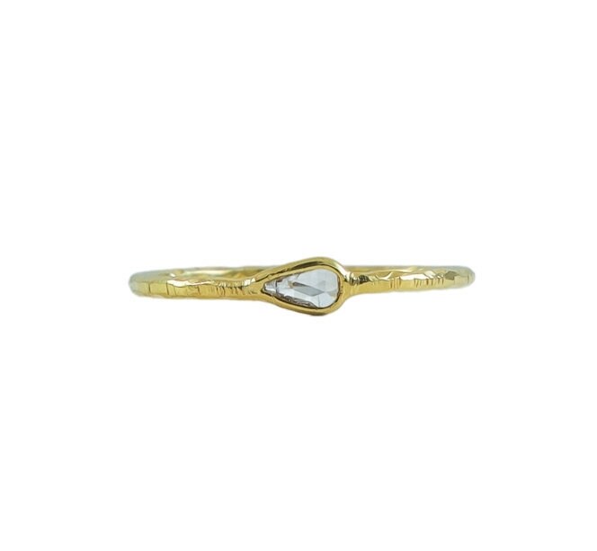 10K Gold Ring Women, 0.10 Cts Natural White Diamond With Slight Inclusion, Rose Cut Hammered Ring, Dainty