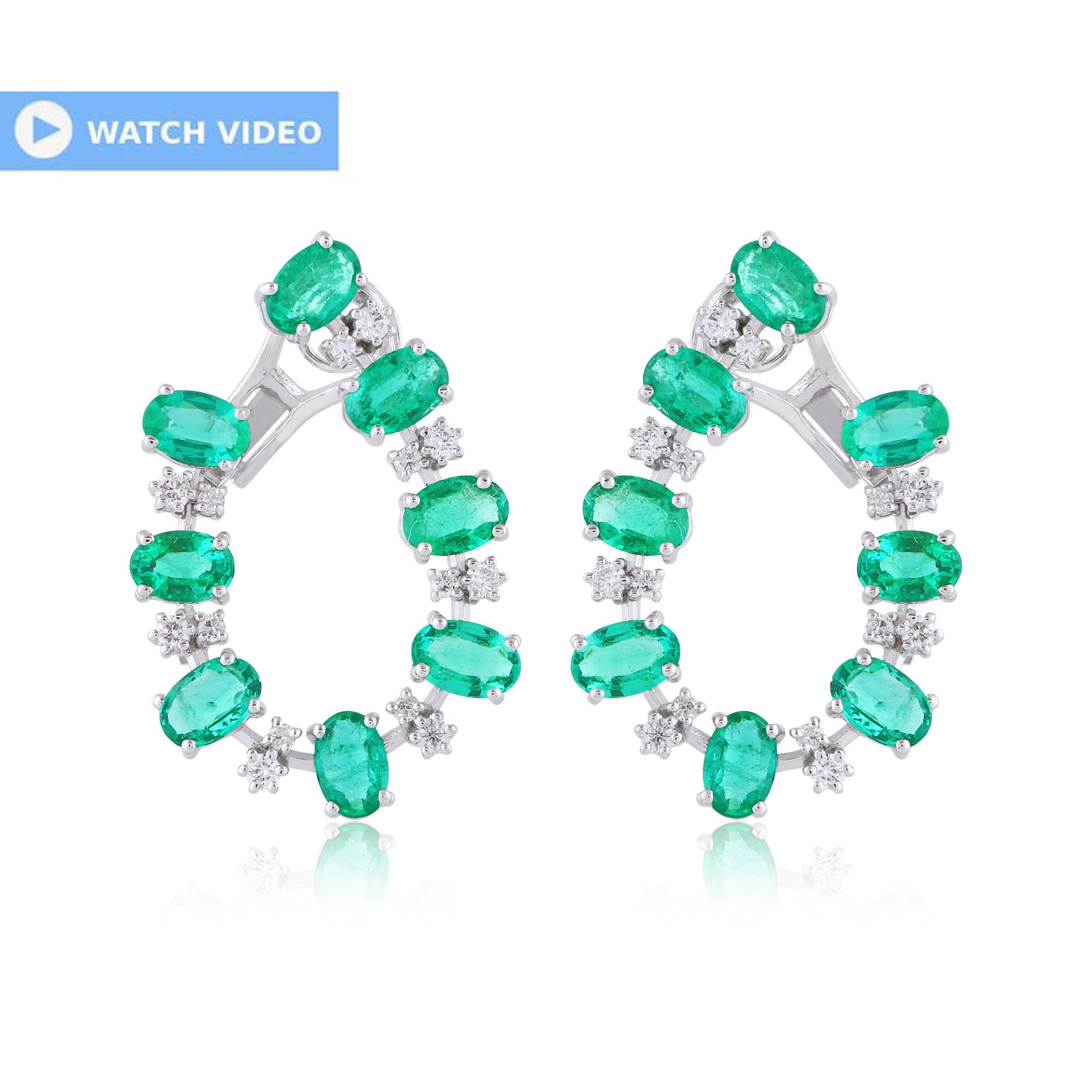 Natural Diamond Oval Shaped Emerald Stud Earrings 14K White Gold Wedding Or Anniversary Jewelry Gift