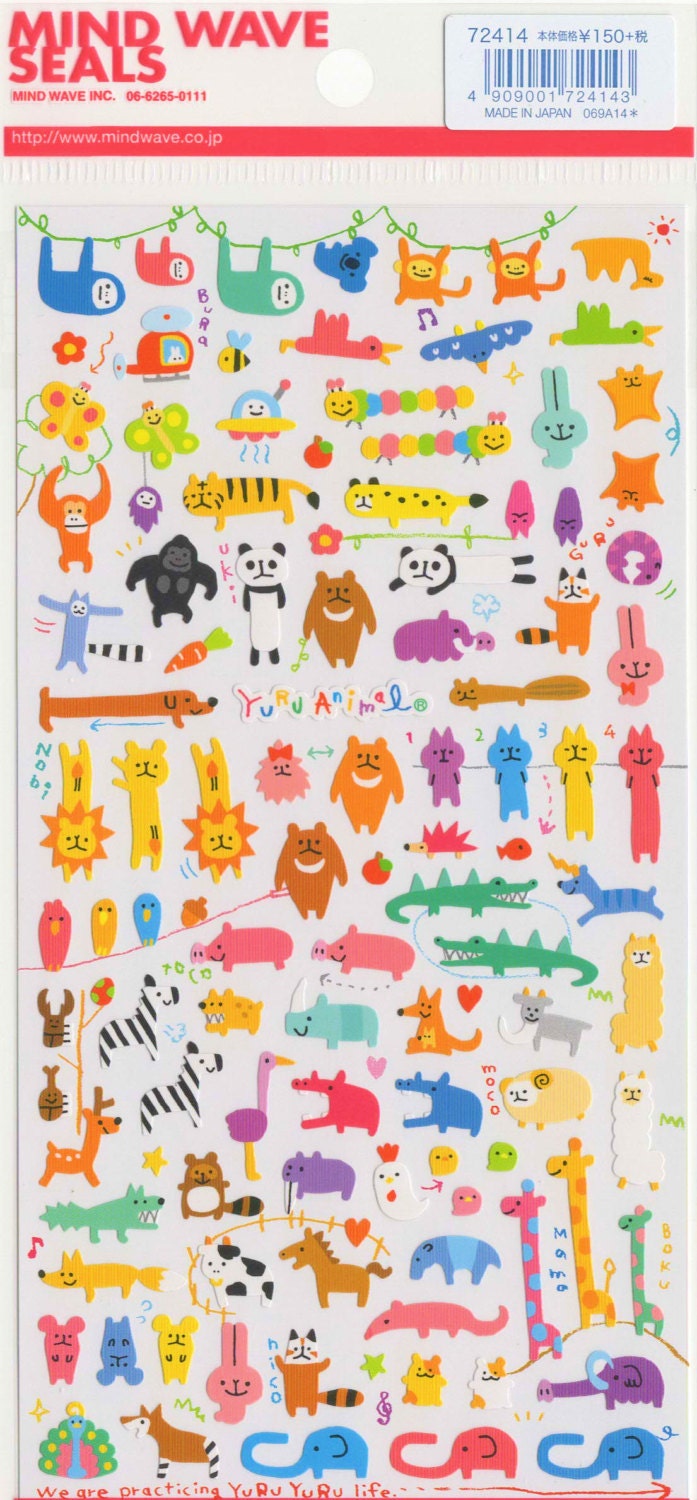 Kawaii Japan Sticker Sheet Assort Novelty Mini Point Yuru Animals Original Characters - Cat Giraffe Rabbit Wiener Dog Squirrel Peacock