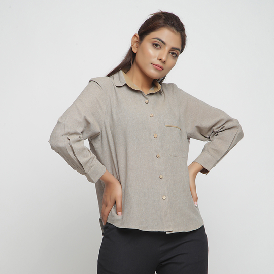 Beige 100% Cotton Shirt Top, Customizable Top For Women, Button-Down Full Sleeve