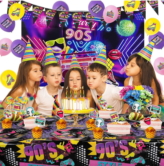 117Pcs 90S Birthday Party Supplies Set, Plates, Napkins, Knives, Spoons, Forks, Table Cloth, Balloons, Happy Backdrop