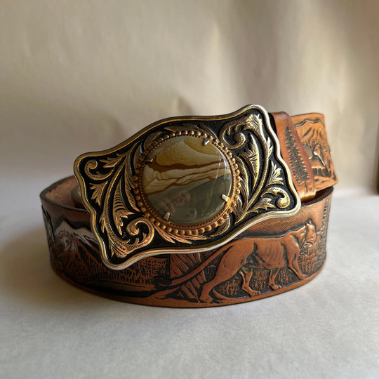 Vintage Al Stohlman Style Wildlife Animal Landscape Latitan Leather Belt With Western Buckle Unisex