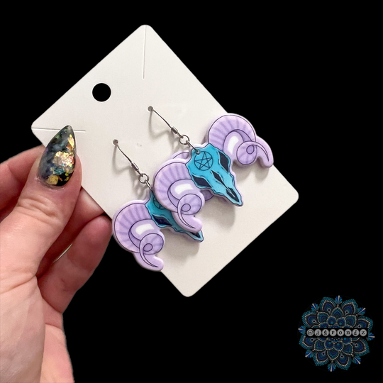 Pastel Goth Halloween Ram Skull Pentagram Dangle Earrings