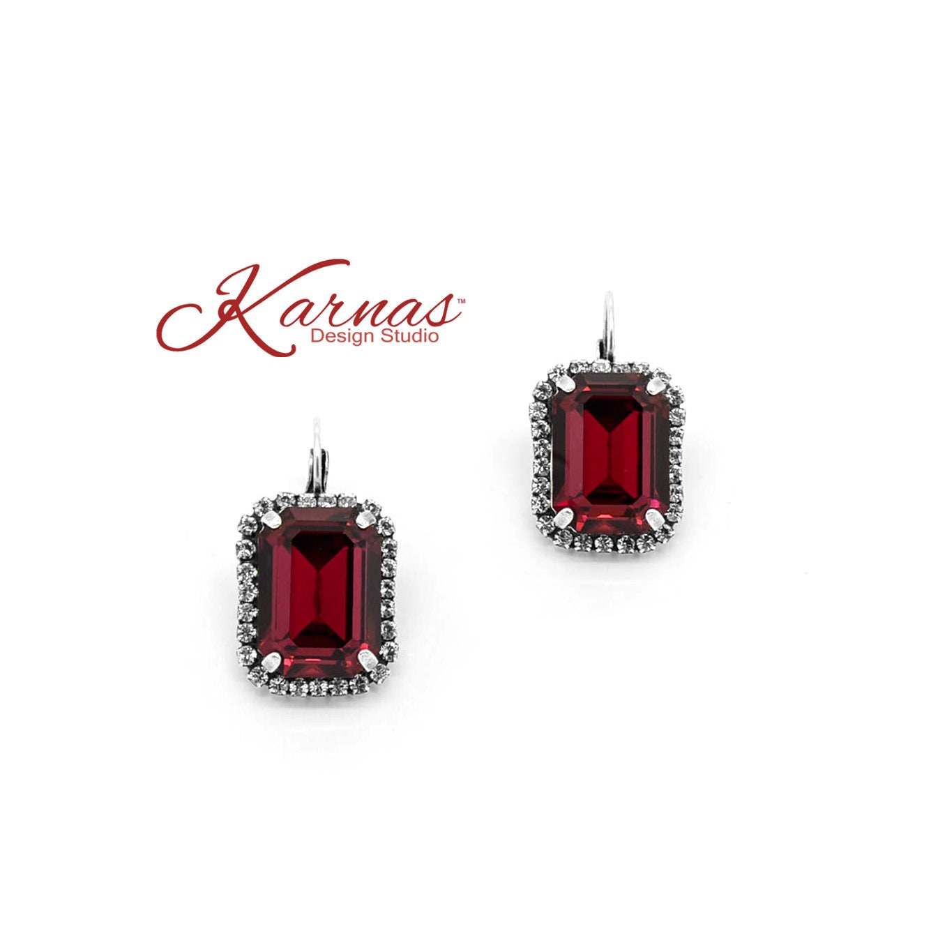 Roses Are Red Emerald Cut Halo 13x18mm Drop Earrings Genuine Crystal Antique Silver Karnas Design Studio Free Shipping