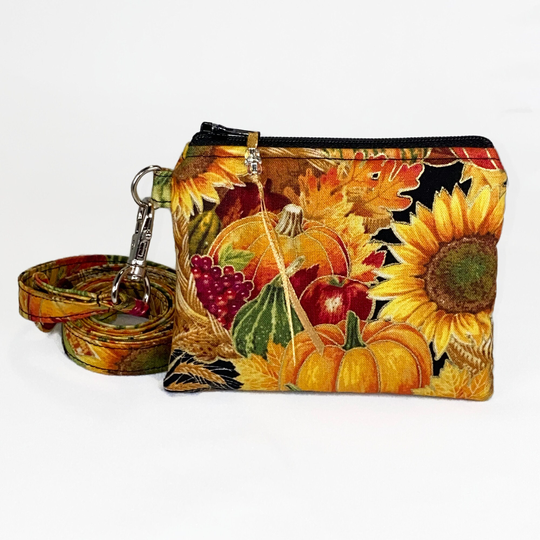 Fall Harvest Coin Purse, Thanksgiving, Gold, Pumpkins, Sunflowers, Change Pouch, Mini Wallet, Neck Optional Lanyard, Gift For Her