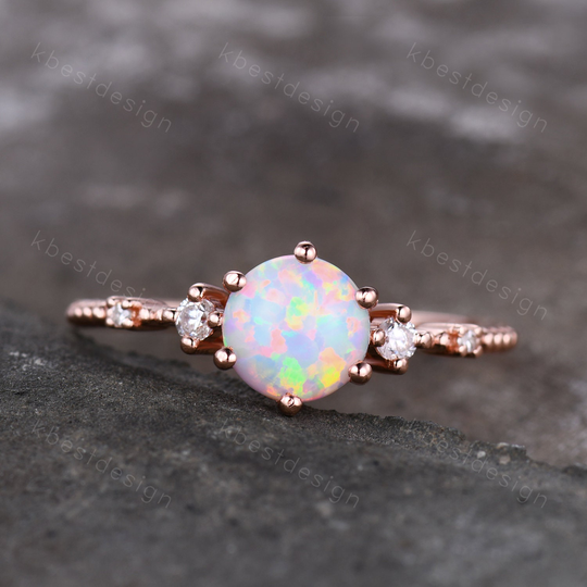 Dainty Rose Gold Opal Ring, White Fire Engagement Art Deco Wedding Delicate October Birthstone Promise Gift