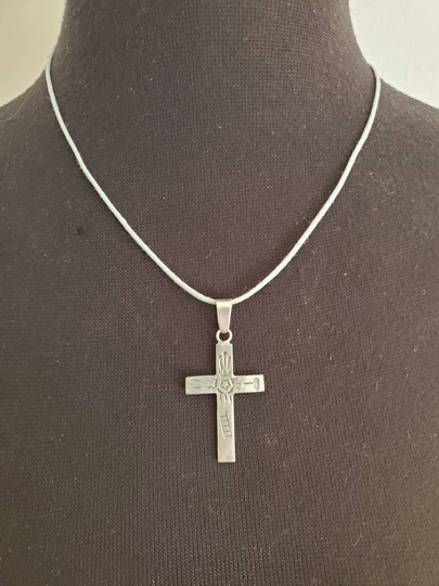 Antique Sterling Silver Engraved Cross Pendant With Attached Bell On 19 Inch Gray Leather Cord