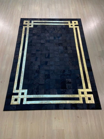 Black & Gold Cowhide Patchwork Rugs, Leather Carpet, Rug, Living Room Area Handmade Bedroom Rug