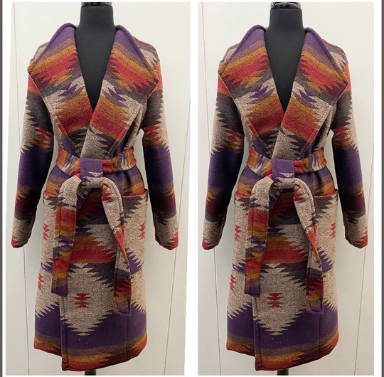 Wool Blend Trench Coat in Southwest Diamond Print Purple Red Gold & Grey