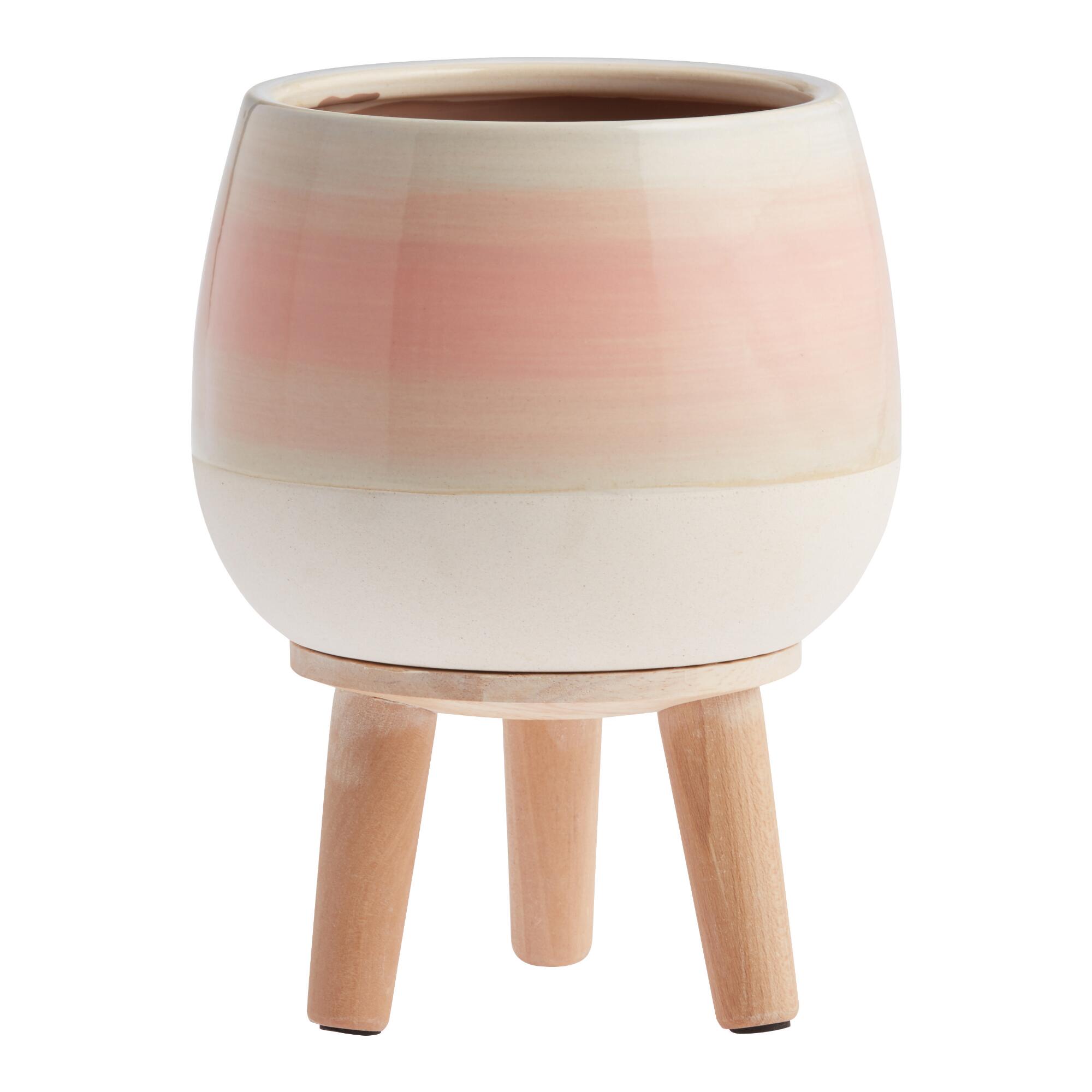 Rainbow Reactive Glaze Planter With Wood Stand: Multi - Ceramic by World Market