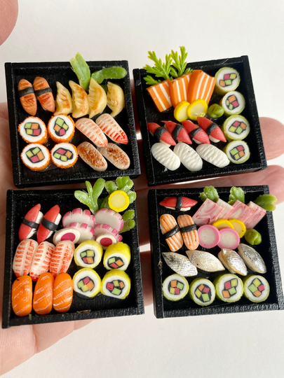 16 Miniature Dollhouse Handmade Clay With Wooden Tray Luxury Seafood Japanese Sushi Kaiseki Cuisine Sashimi Grilled Salmon Sushi Set