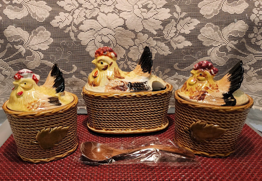 Vintage Rossini Japan 3Pc Hen On A Basket Tureen & Spoon With Two Matching Covered Bowls