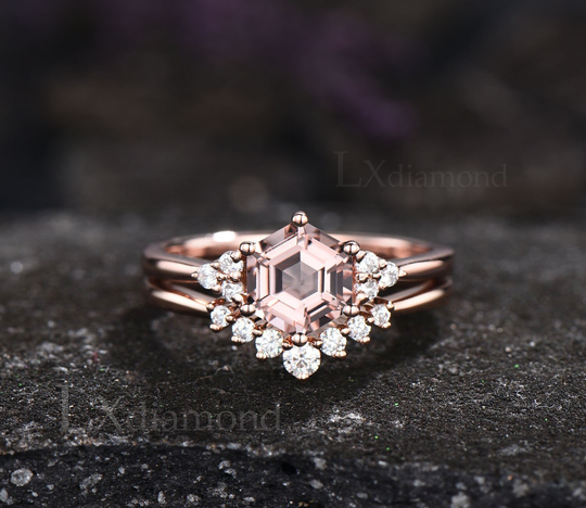 Pink Morganite Ring Rose Gold Vintage Unique Hexagon Cut Engagement Set For Women Minimalist Moissanite Bridal