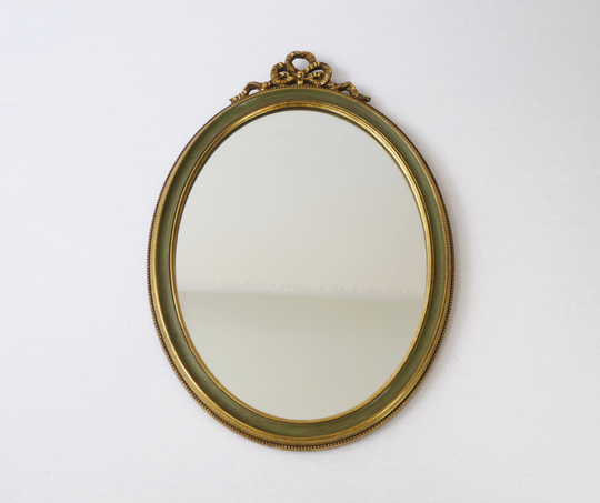 Vintage Oval Green Golden Bow Mirror Belgian Design, Pieterman Ornate Wall Wooden From The 60's