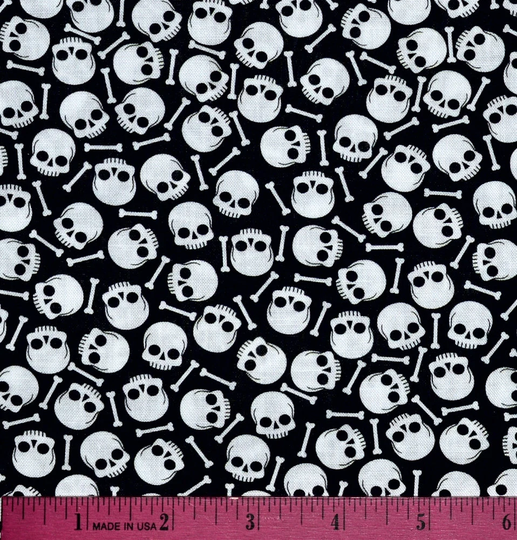 Halloween Skulls Fabric | Sold By The Half Yard Continuous Cut 100% Quilting Cotton Mini Small Tiny Skeleton White Black Tonal Blender