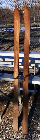 Vintage 19Th Century Antique Solid Hickory Hardwood 64" Wooden Skis With Leather Strap Bindings