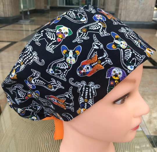 Skeleton Dogs Halloween Scrub Cap Euro Style For Women, Nurses & Doctors With Ribbon Ties Or Toggle Cord Lock