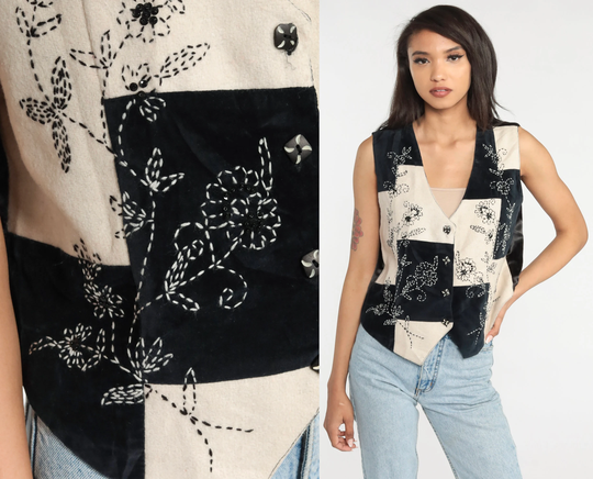 Patchwork Vest 90S Floral Embroidered Boho Mom Wool Blend Velvet Sleeveless Black Hippie Bohemian Vintage 1990S Tantrums Medium M