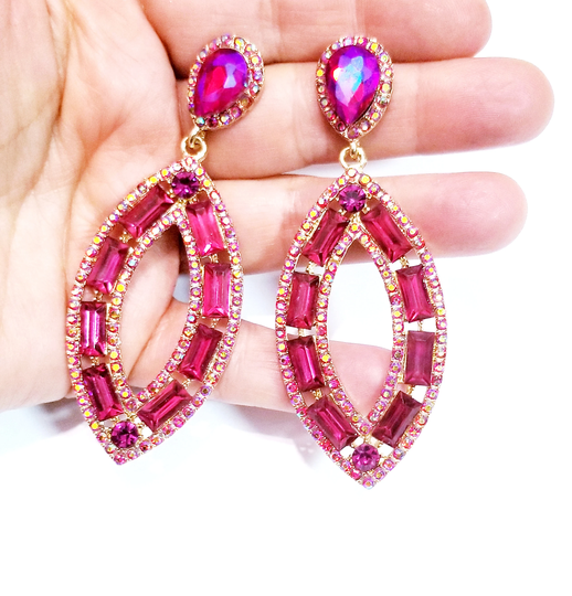 Chandelier Earrings Rhinestone, Pink Crystal Earrings, Bridal Prom Pageant Jewelry, Drag 3.5 Inch, Gift For Her