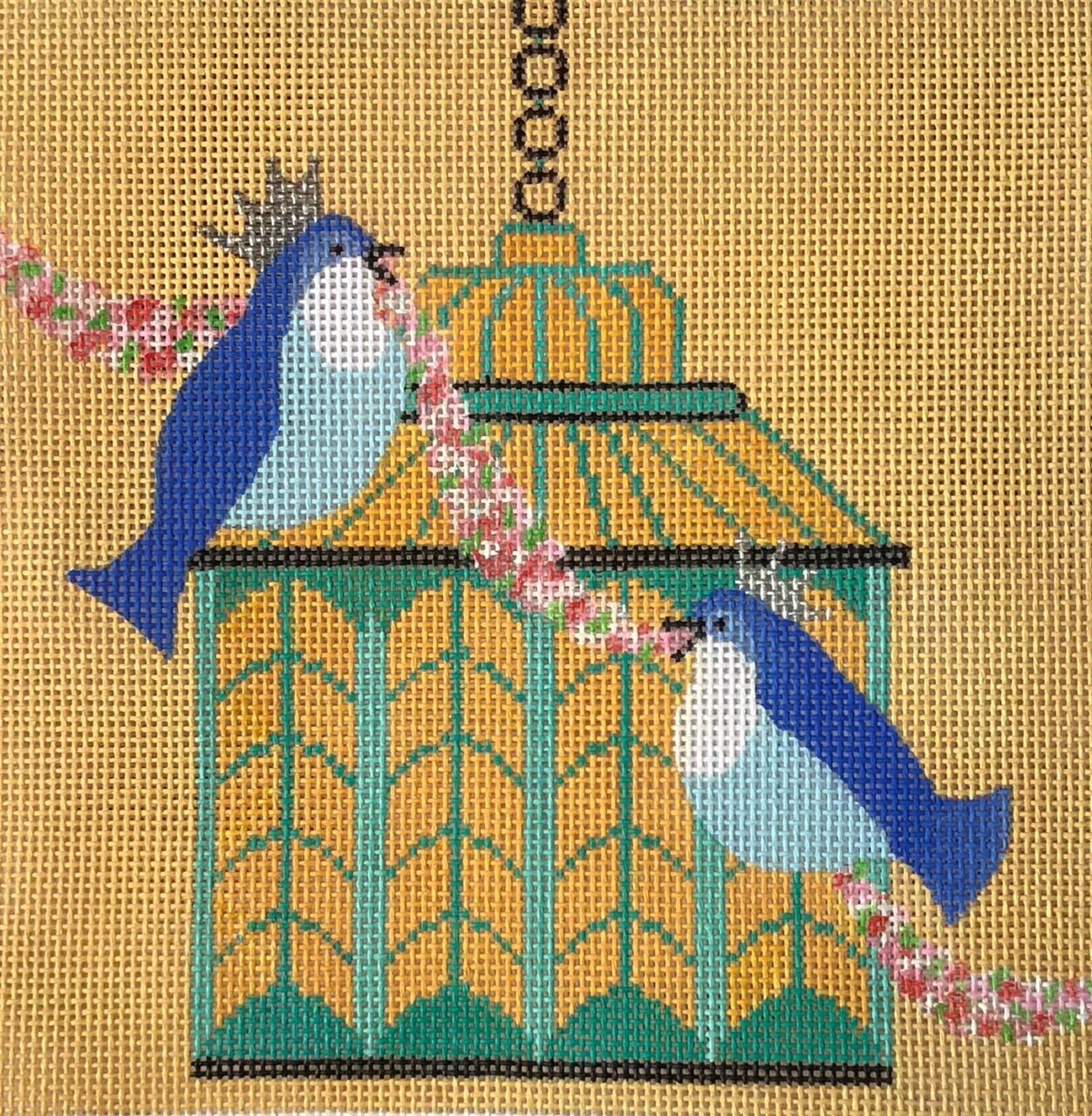 Needlepoint Handpainted Amanda Lawford Royal Couple Birdcage 8x8 -Free Us Shipping