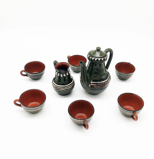 1970's Vintage Handmade 8-Piece Green Flower Pattern Coffee & Tea Ceramic Set, Tea Set Gift, Service Set