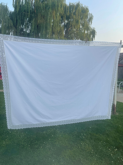 Vintage White Poly Cotton Blend Tablecloth With Floral Lace Trim