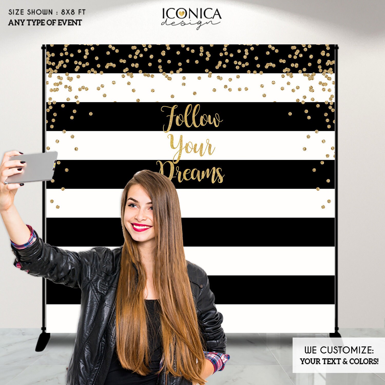 Graduation Party Photo Booth Backdrop, Black & White Stripes Virtual Step Repeat Any Color, Congrats Grad Bgr0018
