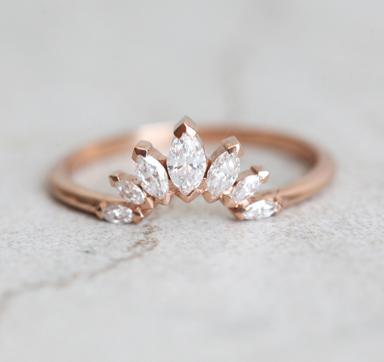 Marquise Floral Diamond Band, Unique Matching Ring With Diamonds White Gold