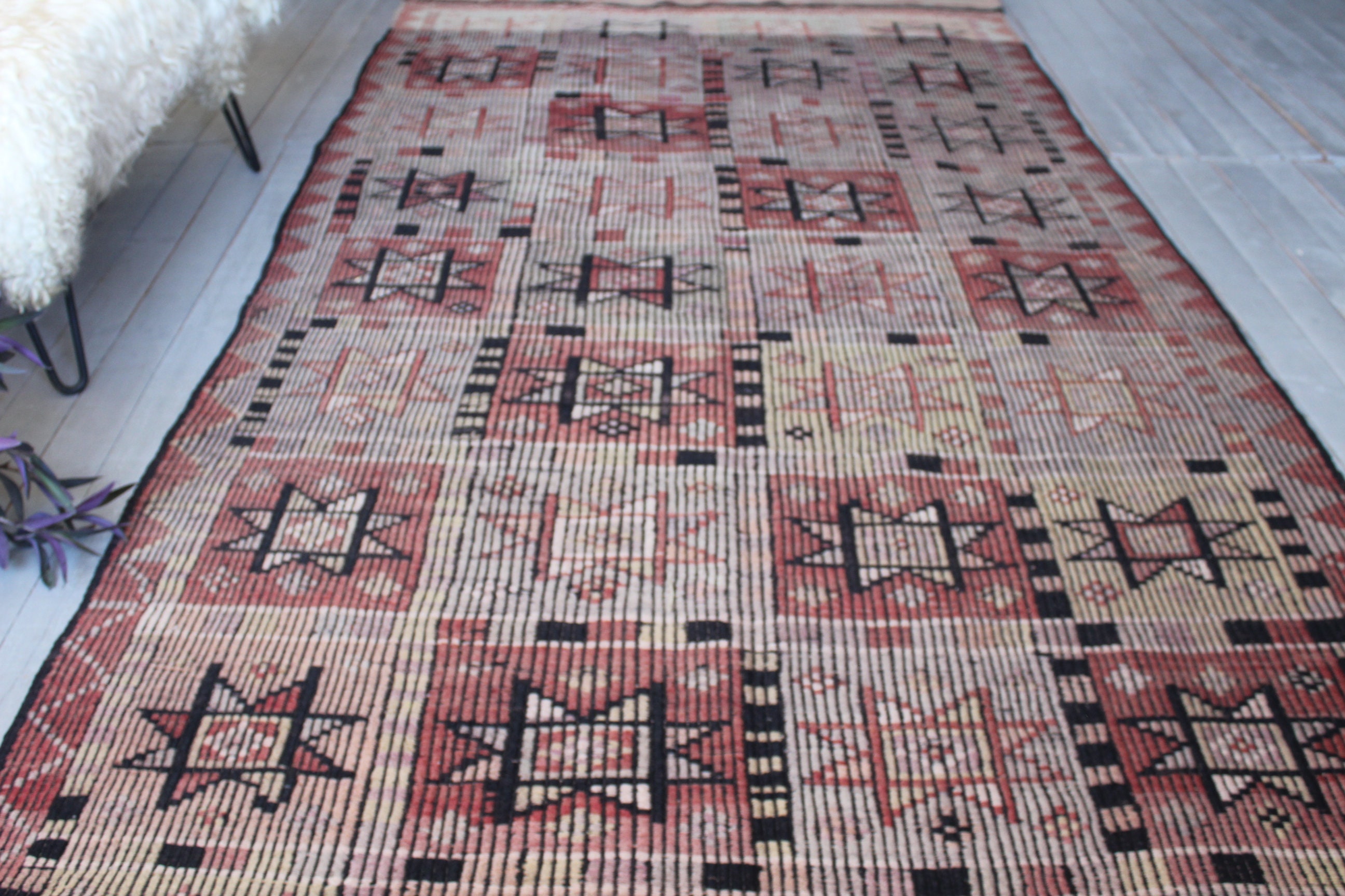 4'5x 11' Ft Vintage Wide Kilim Runner, Ethnic Rug, Bohemian Handwoven Rug