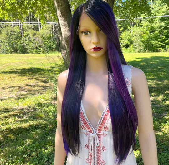 Long Purple Black With Lace Front 13x4 Free Parting Human Hair Blend Daily Wig