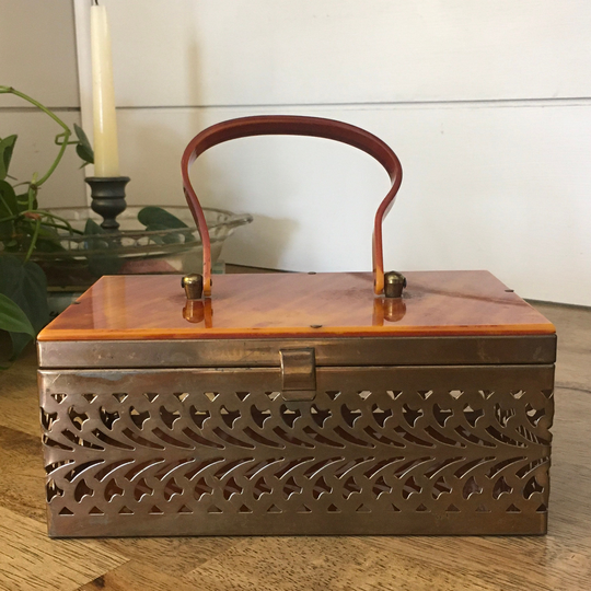 Vintage 1950S Brass Filigree Purse, Box Bag, Mid Century Accessory