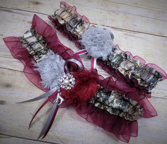 Camo Garter Set With Wine Red, Keepsake & Toss-Away Set, Garter, Red Prom Bridal Wedding