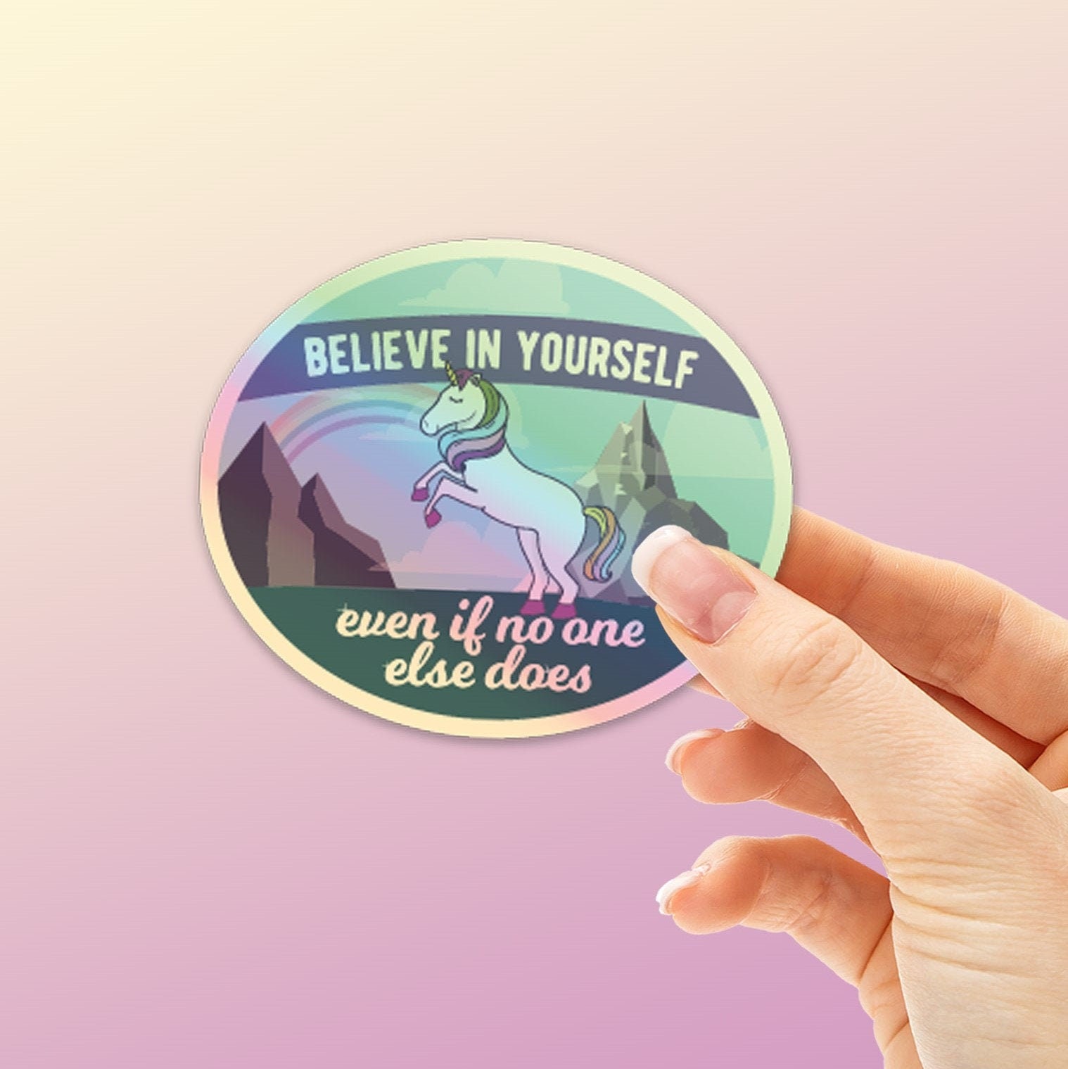 Holographic Unicorn Sticker - Believe in Yourself Rainbow Decal For Hydroflask & Laptop Foil Pony With Magical