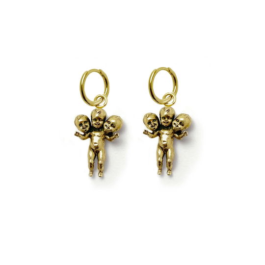 Three Headed Baby Hoop Earrings Large Huggies Gold Clicker Silver Sterling