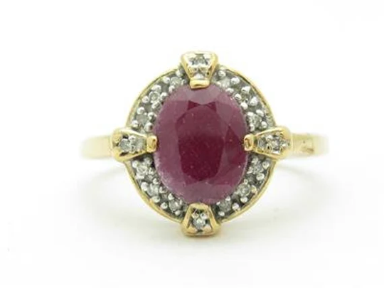 Liv 14K Yellow Gold & Diamonds Red Ruby Oval Shape Art Deco Design Band Ring Gift
