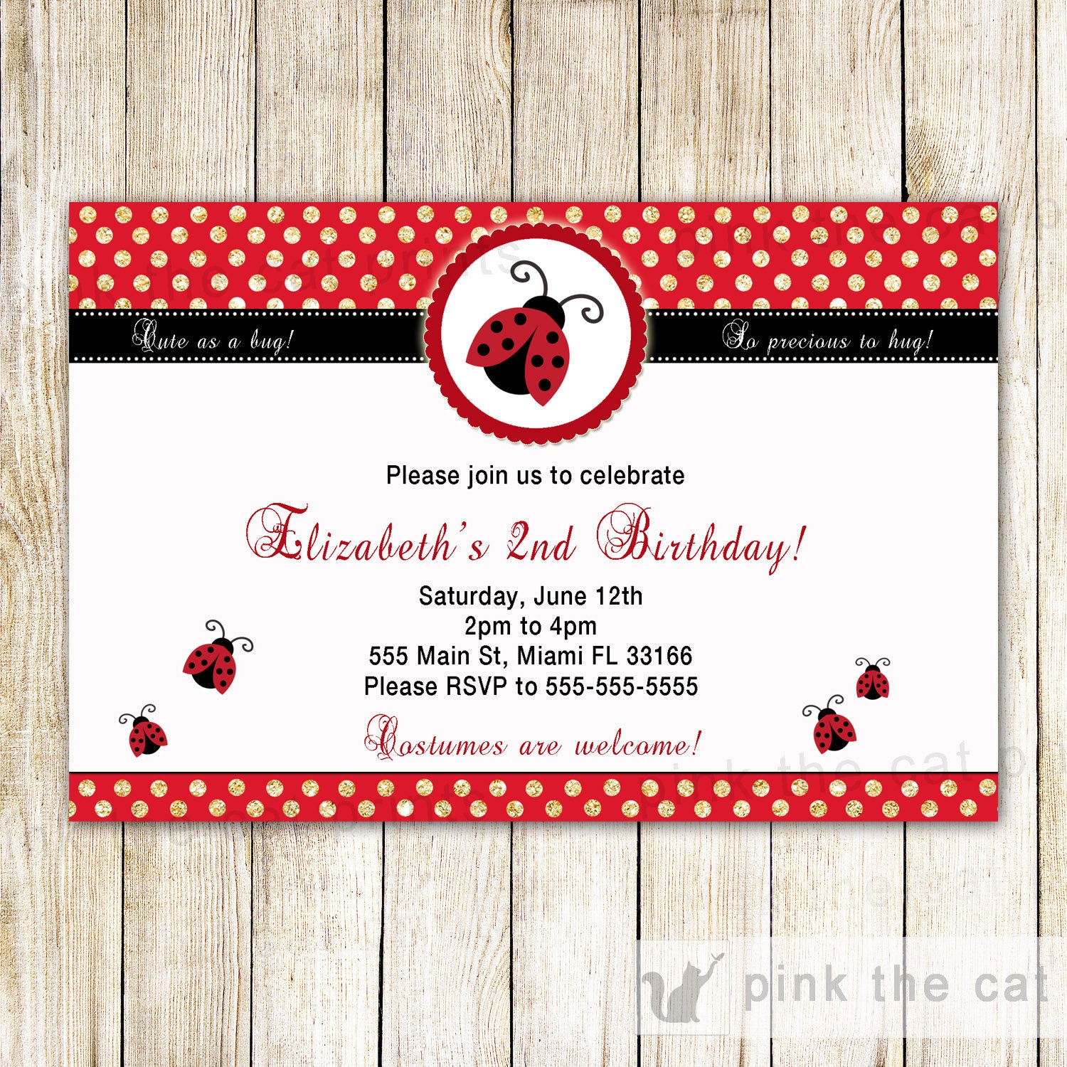 Ladybug Birthday Invitations Digital File Baby Shower Invitation Glitter Gold Red
