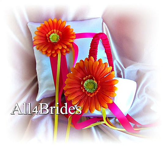 Gerber Daisy Wedding Flower Girl Basket & Ring Bearer Pillow Fuchsia Yellow Spring Or Summer Weddings