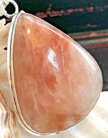 Large 2 1/8" Orange Aventurine Gemstone Pendant Teardrop .925 Sterling Silver
