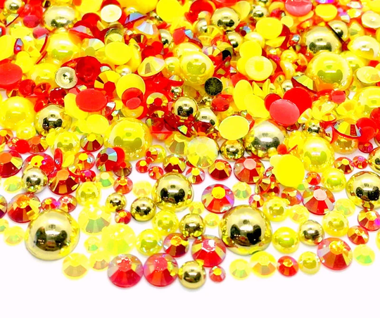 Sagittarius Zodiac Blend Rhinestone Mix 2mm-10mm Flatback Jelly Resin | Faux Pearls Mixed Sizes, Red Yellow Gold