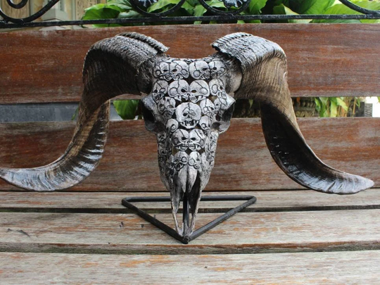Carved Ram Skull Home Decor - Real Hand Carved Sheep With Horn | Human Motif Carving