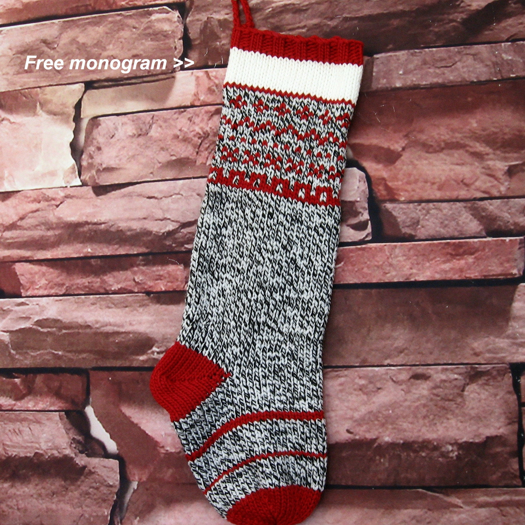 Hand Knit Christmas Stocking Wool Blend Yarns Simplistic Design Black White & Deep Red Monograming Available Ready To Ship