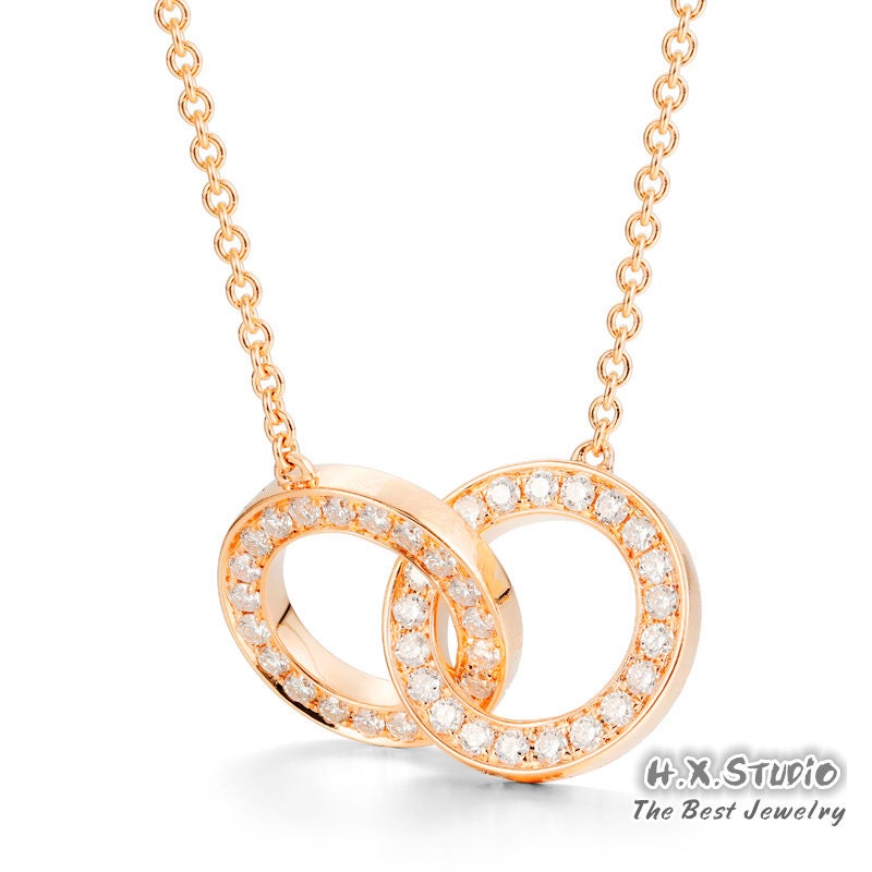 Diamond Interlocking Double Ring Necklace in Solid 18K Gold/Custom Fine Jewelry/Personalization Design/Gift For Women & Girls