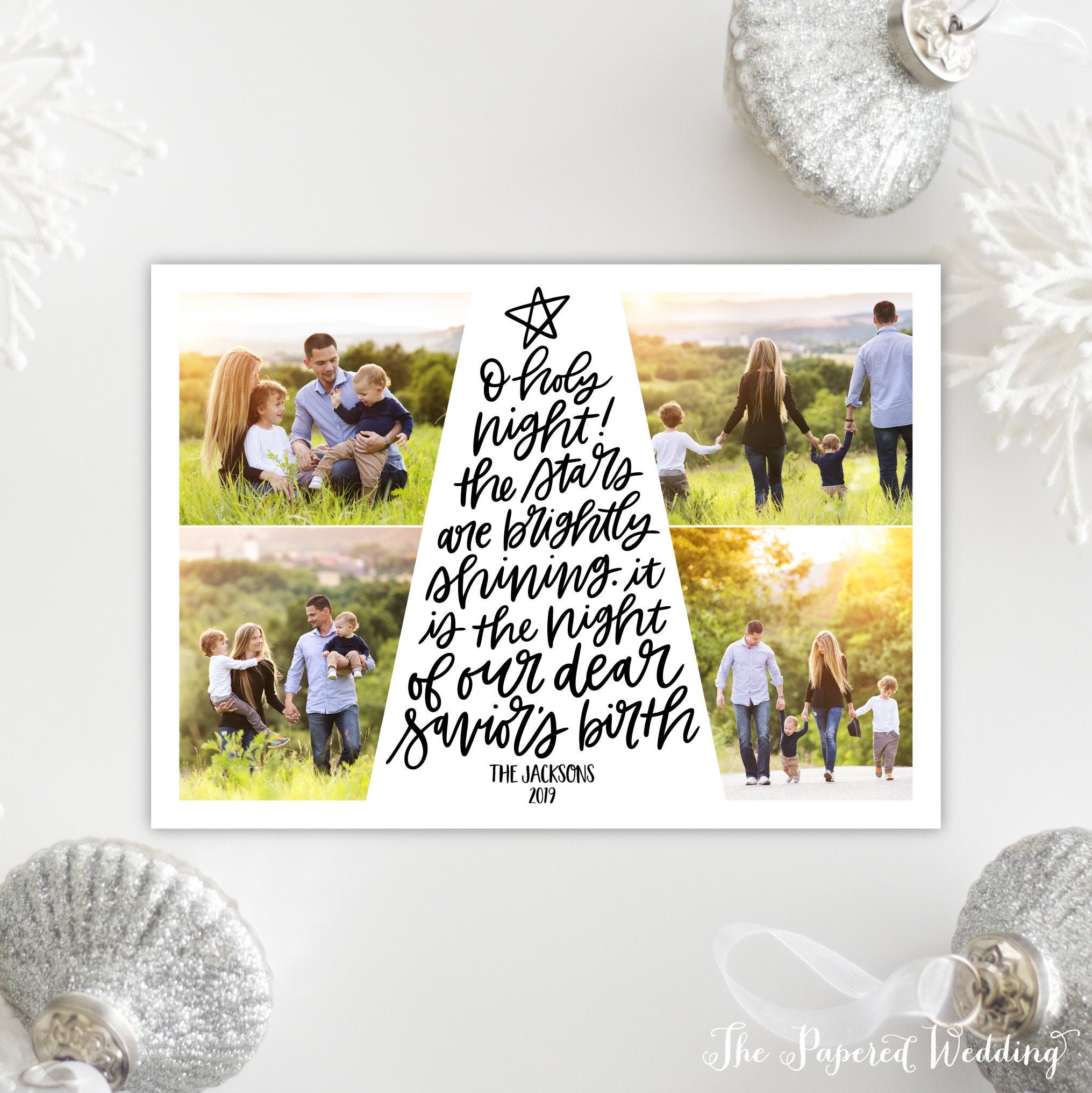 Printable Or Printed Photo Collage Christmas Cards With Oh Holy Night Lyrics - Four Pictures Holiday Cards, in Black 109 P4