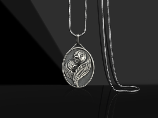 Abstract Owl Duo Silver Oval Pendant Necklace, Ornament, Customizable Engraved Necklace For Men, Animal Lover Gifts
