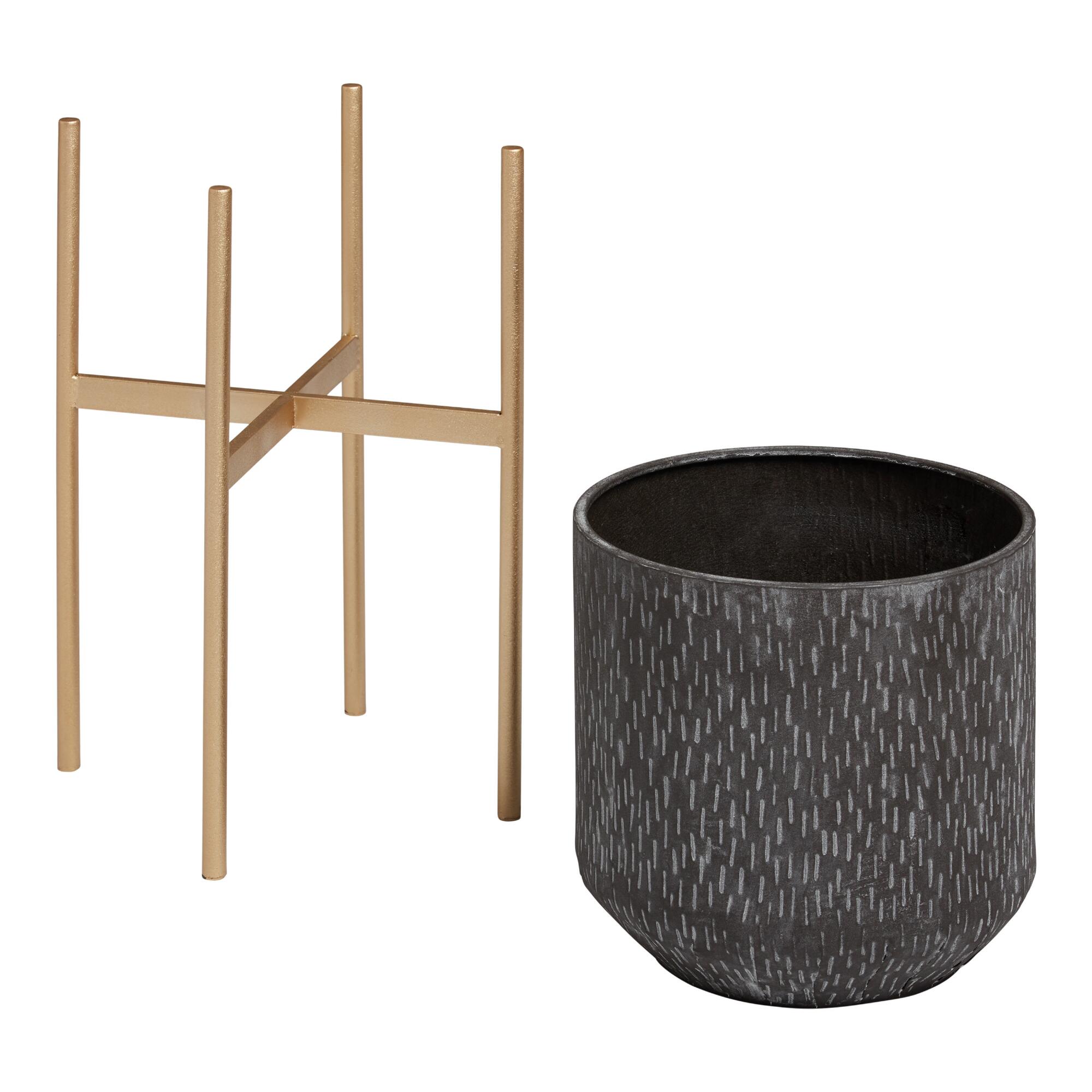 Gray Distressed Metal Planter with Gold Stand: Gray/Gold by World Market