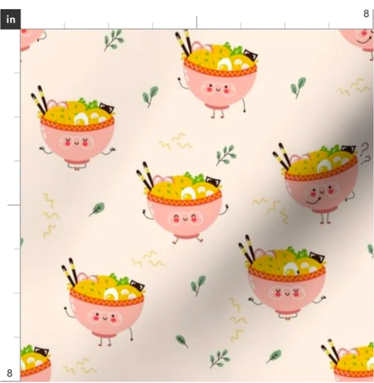 Happy Ramen Noodles Fabric By The Yard | Kawaii Cute Fun Asian Noodle Soup Kids Made To Order