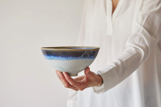 Set Of 2 Ceramic Ramen Bowls, Light Gray & Dark Blue Soup Bowl Set, Handmade Dinner Pottery Salad Serving Modern Bowls