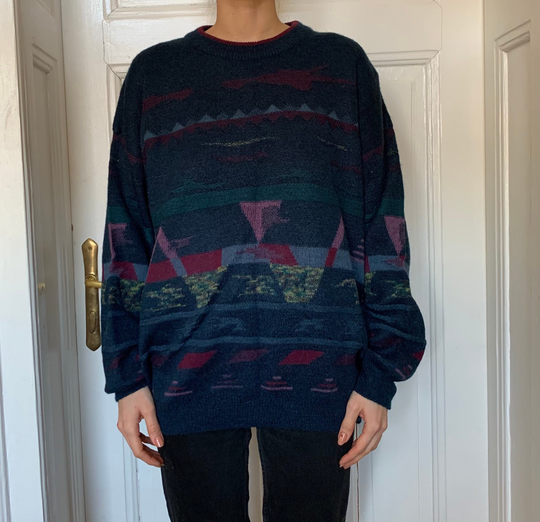 Vintage 80's Wool Blend Blue Burgundy Emerald Green Abstract Pattern Knitted Crewneck Oversized Sweater Pullover Jumper Size L Men